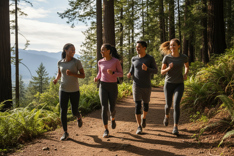 group of 4 running on an outdoor trail